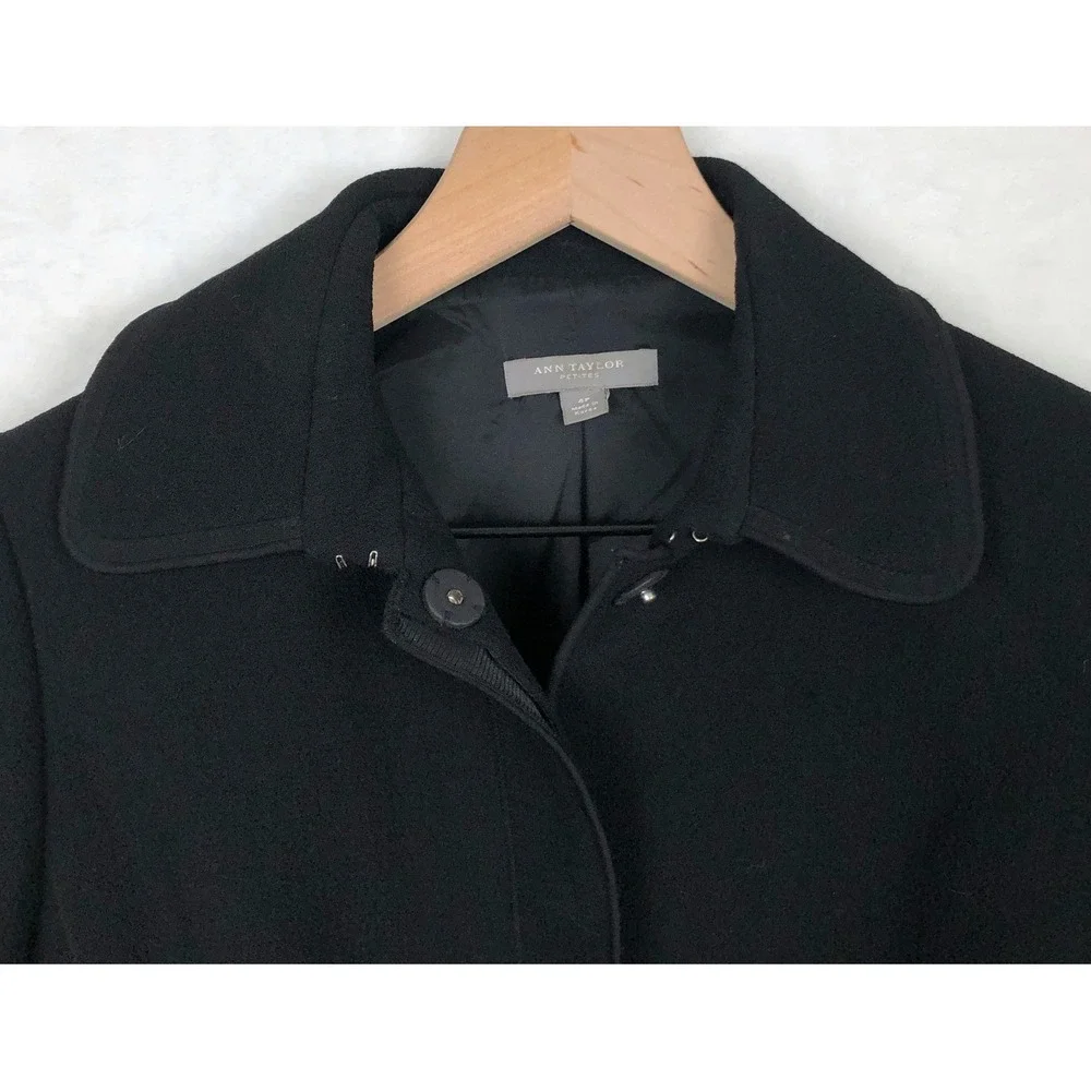 ANN TAYLOR 100% Wool Grosgrain Ribbon Waist Snap Front Jacket Sz 4P Bow Back